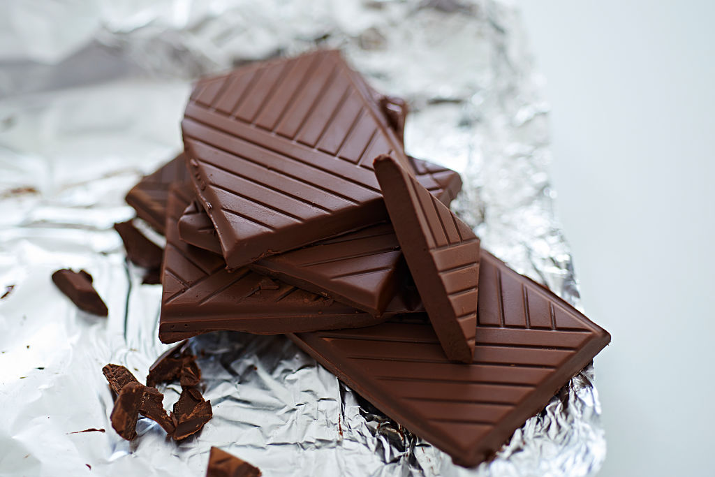 dark chocolate pieces on top of a foil wrapper