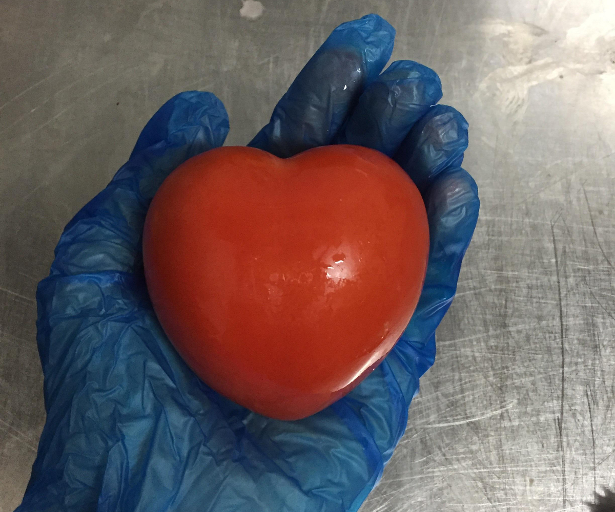 Worker wearing gloves holds a heart-shaped tomato.